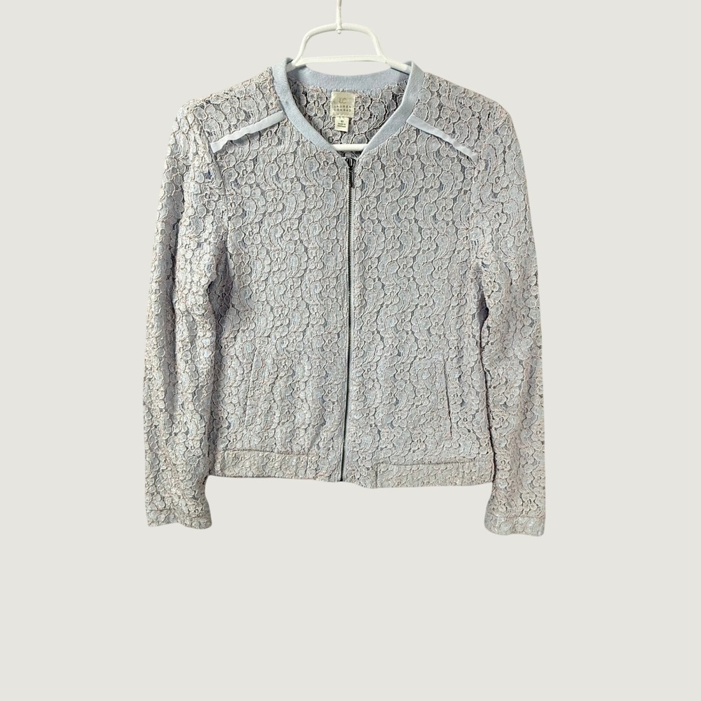 LC Lauren Conrad Light Blue Floral Lace Bomber Jacket Size 10 Zip Front Ribbed